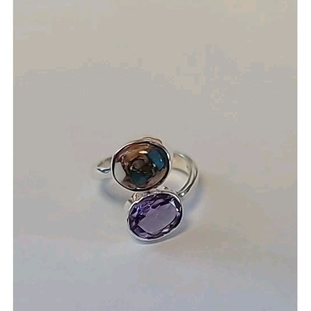 Amethyst and Spiney Turquoise Gemstone Sterling Silver Statement Ring US-7